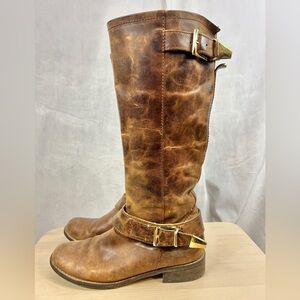 STEVE MADDEN Suspekt Riding Boots Brown Leather Size 7.5‎ Distressed Fall Chore